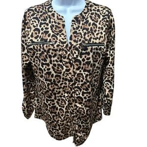 Women’s Always Indigo button up blouse cheetah print v neck long sleeves small